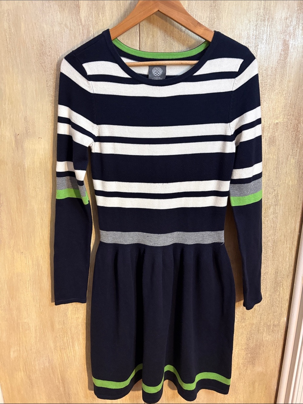 Vince Camuto Navy, White & Lime Stripe Long Sleeve Knit Dress